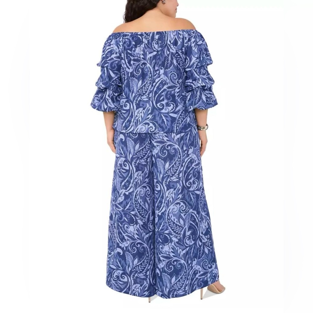 Vince Camuto Blue Patterned Off-Shoulder set pants blouse - Picture 3 of 14
